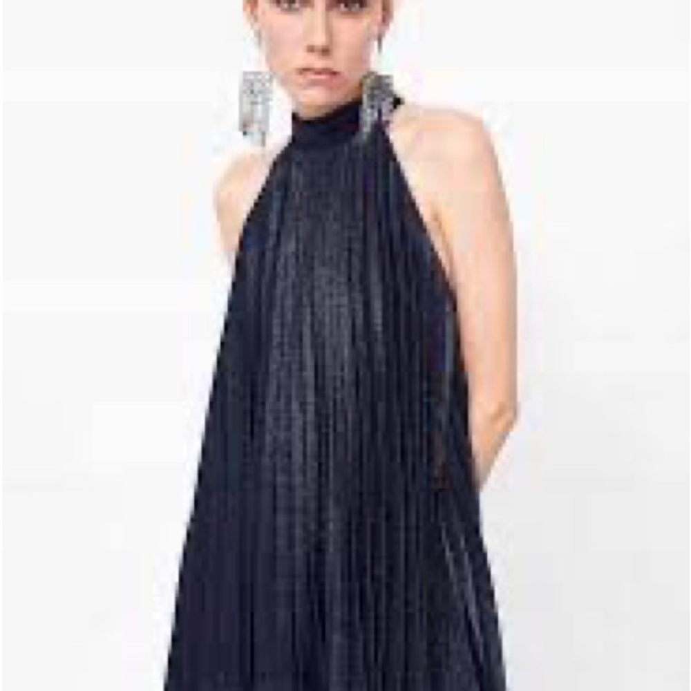 ZARA BLACK SILVER METALLIC PLEATED MINI DRESS Size M